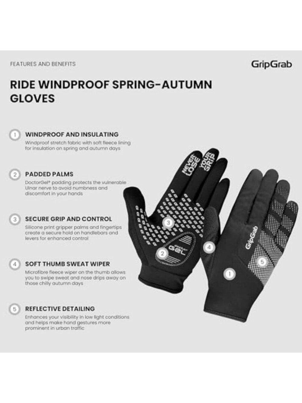 Windproof Padded Full Finger Cycling Gloves for Spring & Fall Rides - Picture 2 of 5